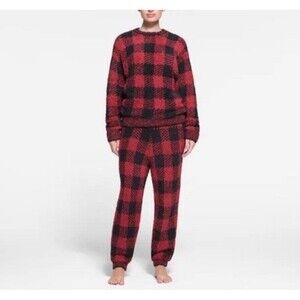 SKIMS Cozy Knit Women’s Lounge Set Brick Buffalo Check Size S/M Red Black